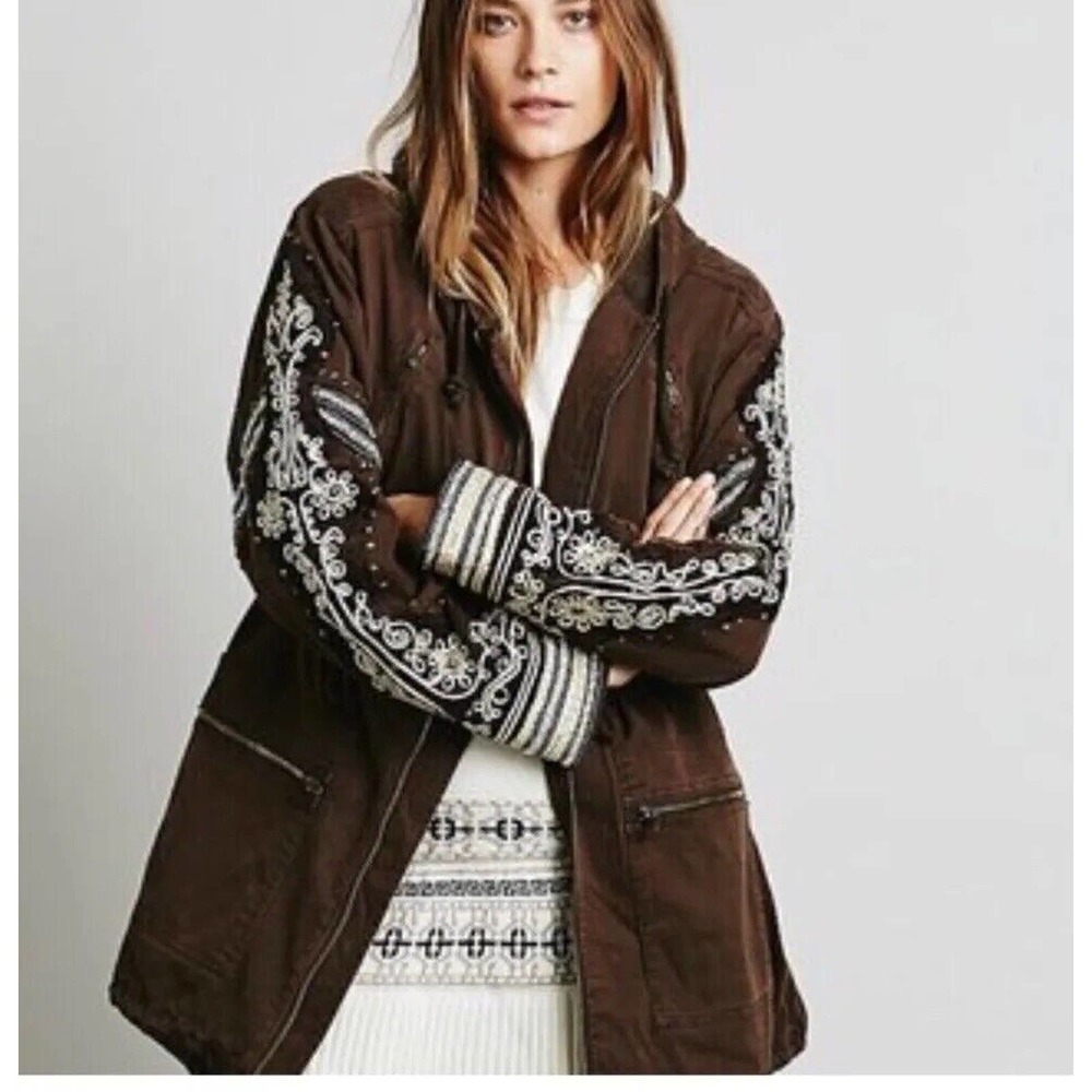 Free People Golden Quills Military Jacket Brown Medium
